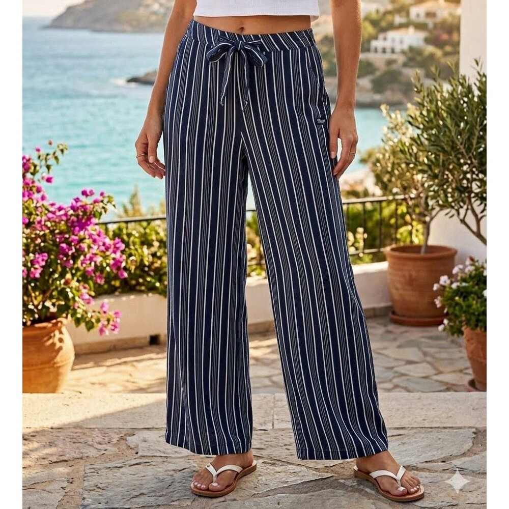 Roxy Navy Striped Wide Leg Pants Extra Small XS Coastal Beach Linen Look Viscose
